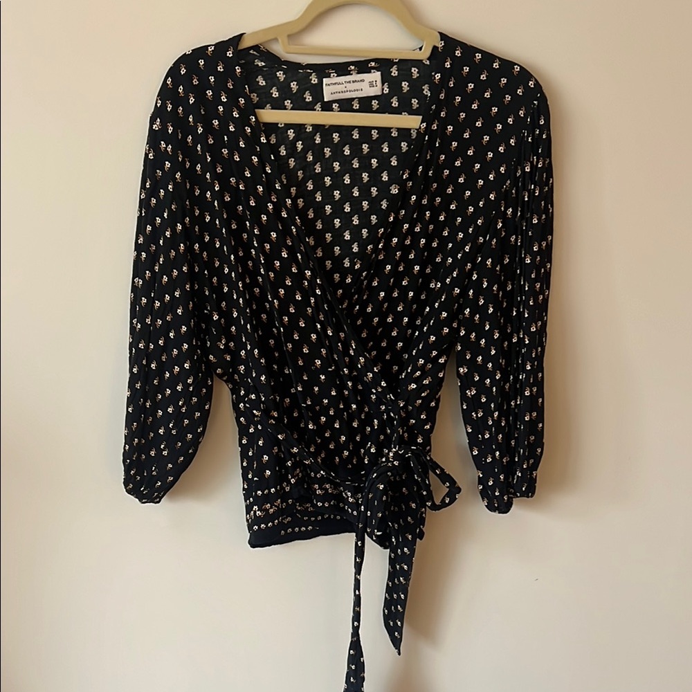 Black Wrap Blouse with Tie Front and Long Sleeves